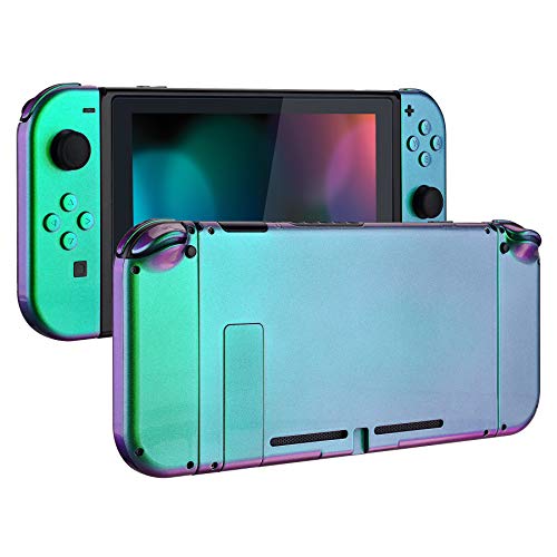 eXtremeRate DIY Replacement Shell Buttons for Nintendo Switch, Custom Back Plate for Switch Console, Housing Case with Full Set Buttons for Joycon Handheld Controller - Chameleon Green Purple