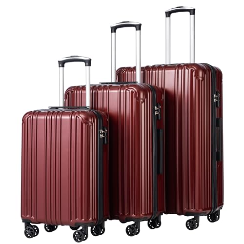 COOLIFE Luggage Expandable Suitcase PC+ABS 3 Piece Set with TSA Lock Spinner Carry on 20in24in28in (Wine red, 3 piece set)