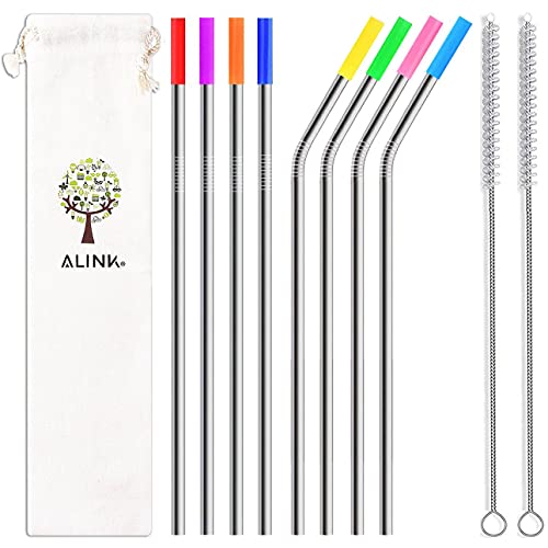 ALINK 8-Pack Stainless Steel Straws, 10.5” Long Reusable Replacement Metal Straws for 20 30 OZ Yeti Tumbler, RTIC, Tervis, Mason Jar, With 8 Silicone Tips, 2 Cleaning Brush and 1 Carrying Case