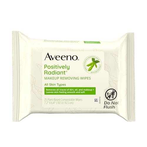 Aveeno Positively Radiant Alcohol Free Makeup Removing Face Wipes, Ultra Soft, Gentle, Non-Comedogenic Facial Cleansing Wipes, 100% Plant Based Home Compostable Wipes, Sulfate Free, 25 ct