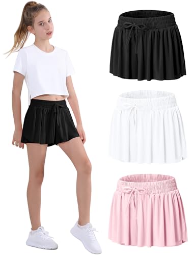 EXARUS 3 Pack Girls Flowy Butterfly Shorts Athletic 2 in 1 Running Skirt Shorts Preppy Cheer Gymnastics Flow Kids Clothes Black White Pink 10Y