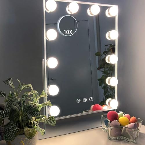 Hansong Vanity Mirror with Lights Makeup Mirror with Lights 12 Dimmable Bulbs Hollywood Lighted Makeup Mirror Detachable 10x Magnification 3 Color Lighting Modes