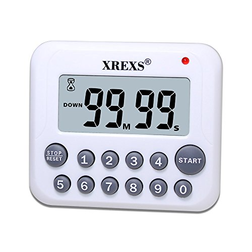 XREXS Digital Kitchen Timer Magnetic Countdown Up Cooking Timer Clock with Magnet Back and Clip, Loud Alarm, Large Display Minutes and Seconds Directly Input-White (2 Battery Included) (DC-12)