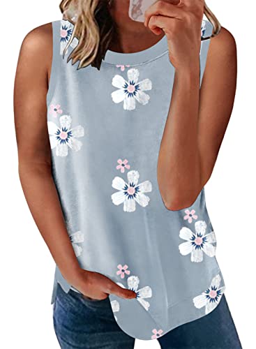 SHEWIN Womens Summer Crewneck Sleeveless Sunflower Daisy Floral Print Basic Tank Tops Casual Soft Camisole Shirts Cute Tops Loose Fit,US 12-14(L),Grey