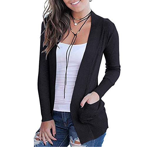 VOIANLIMO Women Open Front Casual Long Sleeve Knit Lightweight Soft Classic Black Cardigans Sweaters with Pockets L Size