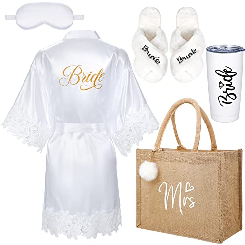 Handepo 5 Pcs Bridal Wedding Gifts Bridal Bridesmaids Robe Sets with Sleeping Eye Mask Slippers Party Tumbler Tote Gifts (Bride)