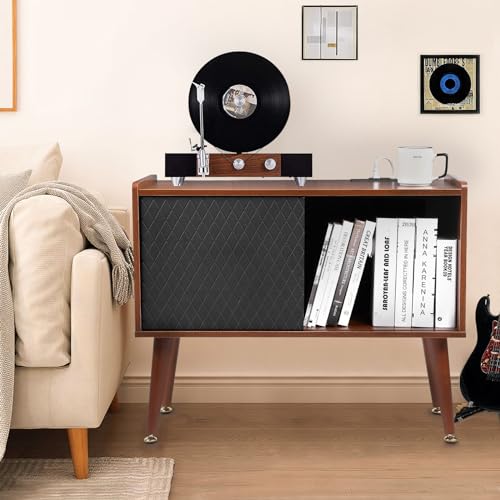 VcJta Vintage Vinyl Record Player Stand - Stylish Storage Cabinet with Sliding Door - Espresso Finish - Holds up to 60 Albums