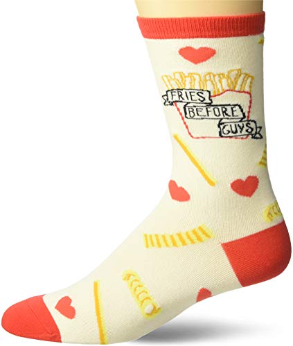 K. Bell Socks Women's Fun with Words Novelty Saying Crew Socks, Ivory (Fries Before Guys), Shoe Size: 4-10