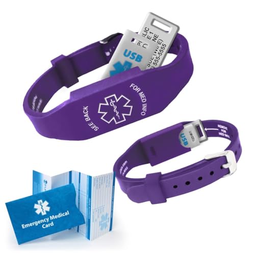 Elite II USB Plus Medical ID Waterproof Silicone Wristband 2GB Flash Drive, 10 lines of Customized Laser Engraving, Medical Wallet Card, Complimentary Access PHR - Purple