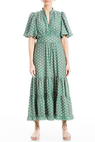 Max Studio Women's Spring 2023 Fashion Flutter Sleeve Printed V-Neck Maxi Dress, Green Lava Lamp