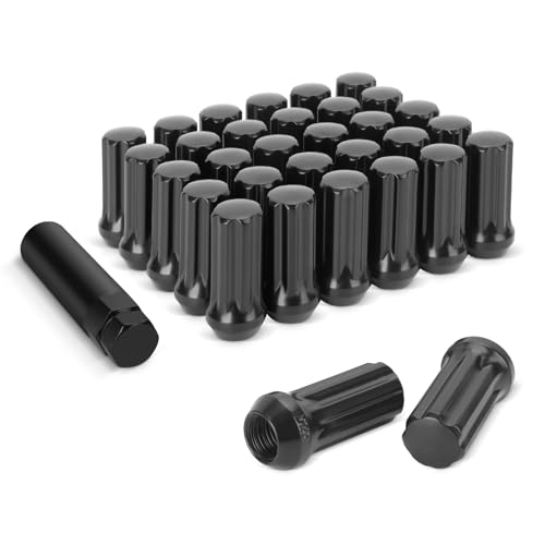 DYNOFIT 14mmx1.5 Wheel Lug Nuts, 32x Black M14x1.5 Lug Nut,Conical/Cone Bulge Seat, Closed End Long Extended XL Spline with 1 Socket Key Fits 8 Lug Aftermarket Wheels