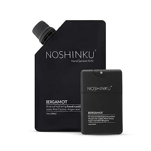 Noshinku Bergamot Pocket Hand Sanitizer Refill Kit | Refill Pouch + Sprayer Bundle | Organic Antibacterial Sanitizing Mist with Moisturizing Botanical Oils | Kills 99.9% of Germs | FDA Registered Sugarcane Derived Alcohol