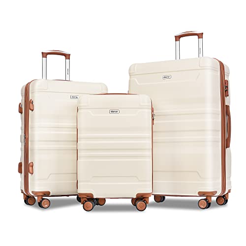 Merax Luggage Sets 3 Piece Suitcase, Hardside Suit case with Spinner Wheels Lightweight TSA Lock, Ivory/Brown, 20/24/28 Inch