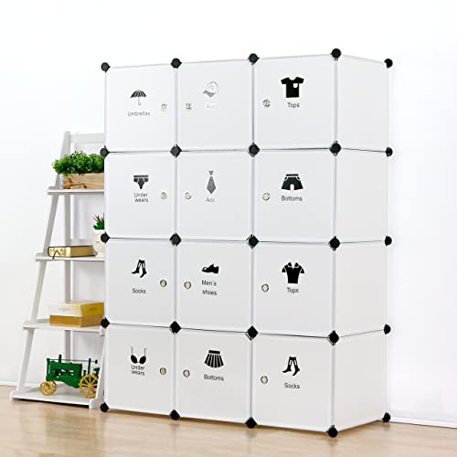 UNICOO - Multi Use DIY Plastic 12 Cube Organizer, Toy Organizer, Bookcase, Storage Cabinet, Wardrobe Closet White with Door Sticker (Deeper Cube - White)