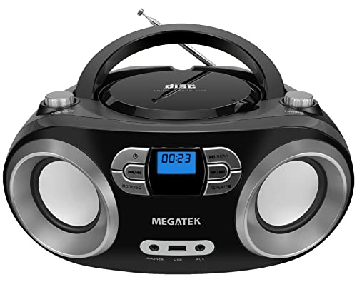 MEGATEK Portable CD Player Boombox with FM Radio, Bluetooth, and USB Port | Clear Stereo Sound | CD-R/RW and MP3 CDs Compatible | 3.5mm Aux Input and Headphone Jack | Backlit LCD Display - Black