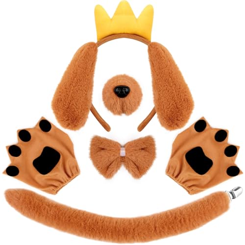 5 Pack Dog Costume Set Including Dog Ears Headband,Nose,Bow Tie,Tail and Gloves for Kids Book Week Day Party Cosplay Supplies