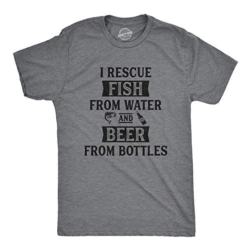 Mens I Rescue Fish from Water and Beer from Bottles Tshirt Funny Fishing Drinking Tee Mens Funny T Shirts Beer T Shirt for Men Funny Fishing T Shirt Dark Grey XL