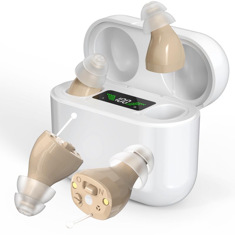 Hearing Aids, Newest 2- Channel Digital Rechargeable Hearing Aids with Charging Box Indicating Remaining Power, Invisible Personal Sound Hearing Amplifier with Intelligent Noise Reduction (Beige)