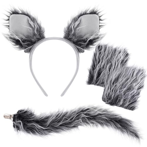 Dxhycc Wolf Costume Set Grey Wolf Ears Headband, Gloves and Tails for Kids Adult Halloween Dress-Up Accessory Kit