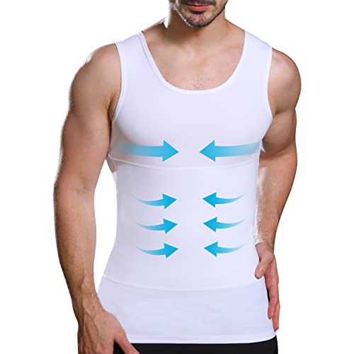 Lgtfy Mens Slimming Body Shaper Vest, Gynecomastia Compression Shirts, Tummy Control Undershirts - Change in Seconds White