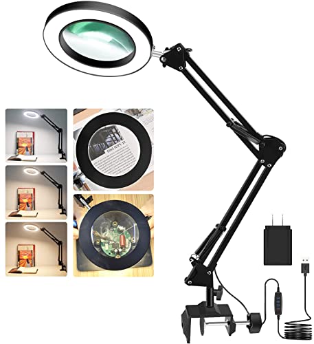 NOEVSBIG LED Magnifying Glass Desk Lamp with Clamp,3 Color Modes 10 Levels Dimmable Adjustable Swivel Arm for Reading Rework Craft Workbench