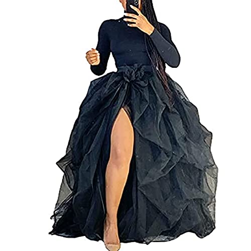 Women Tulle Tutu Long Skirt Maxi Floor Length Layered High Waist Dress Wedding Night Out Party A-Line Puffy Skirt (Black, One Size)