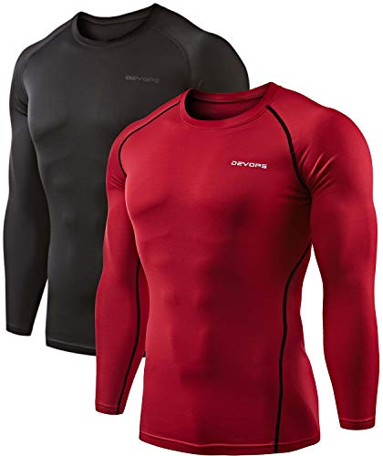 DEVOPS 2 Pack Men's Thermal Long Sleeve Compression Shirts (Large, Black/Red)