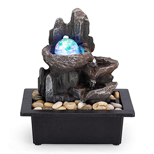 Tabletop Fountain Rotating Ball Rock Waterfall Fountain Office Tabletop Fountains for Home Office Decor Includes Many Natural River Rocks Decorated with Colorful Lights and Rolling Ball