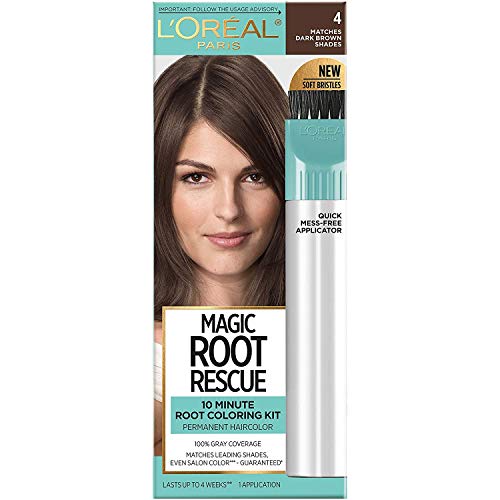 L'Oreal Paris Magic Root Rescue 10 Minute Root Hair Coloring Kit, Permanent Color with Quick Precision Applicator, 100 percent Gray Coverage, 4 Dark Brown, 1 kit (Packaging May Vary)
