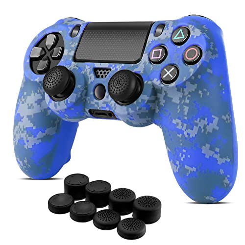 TNP Controller Skins for PS4 - Silicone Protector Case Skin for Playstation 4 Controller Compatible with PS4 Slim, PS4 Pro Controller, Camo Mosaic Blue Cover for PS4 Controller w/Thumb Grip Caps