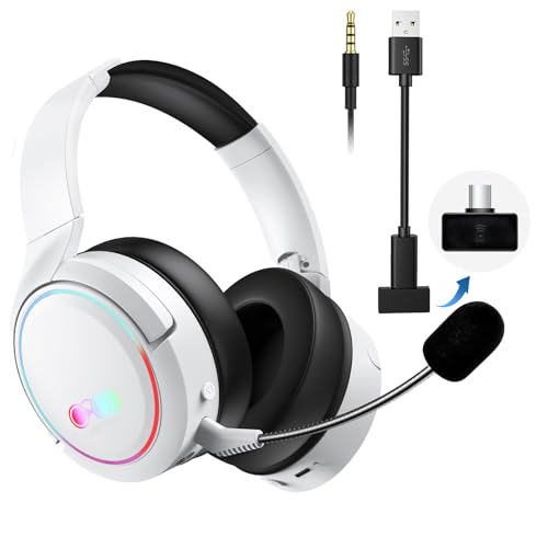 Meseto Wireless Multi-Platform Gaming Headset with Adapter for PS5, PS4, Switch, Xbox, PC, Over-Ear Noise Cancelling Bluetooth Headphones with Mic, Lasts 35h with Comfortable Protein Earpads-White