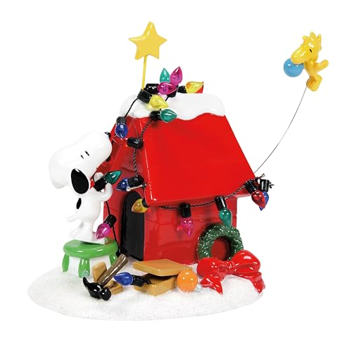 Department 56 Peanuts Decoration, Snoopy’s Dog House, Woodstock, Christmas Lights, 8', Red