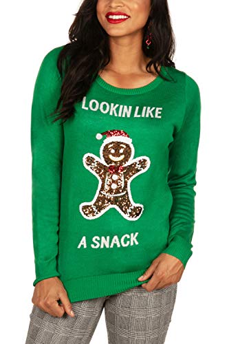 Tipsy Elves Sequin Holiday Gingerbread Ugly Christmas Sweater for Women Lookin' Like a Snacc Green Pullover Size Medium