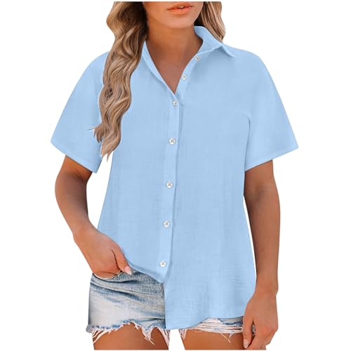 Ceboyel Women Button Down Shirts Trendy Cotton Linen Summer Tops Short Sleeve Gauze Shirt Blouses 2024 Dressy Causal Clothes Mexican Blouse Light Blue 3X