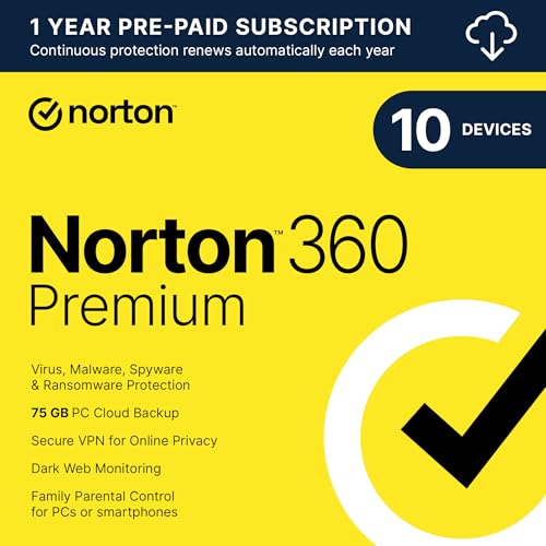 Norton 360 Premium 2024, Antivirus software for 10 Devices with Auto Renewal - Includes VPN, PC Cloud Backup & Dark Web Monitoring [Download]