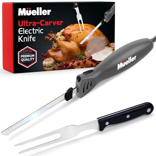 Mueller Electric Knife for Carving Meats, Bread - Stainless Steel Blades, Powerful Motor, Ergonomic Handle, Fork Included