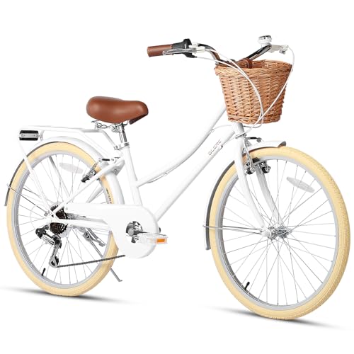 Glerc Missy 26' inch Girl Cruiser Youth Teen Woman Bike Shimano 6-Speed Teen Hybrid City Bicycle for Youth Ages 14 15 16 17 18 19 20 Years Old with Wicker Basket & Rack, White