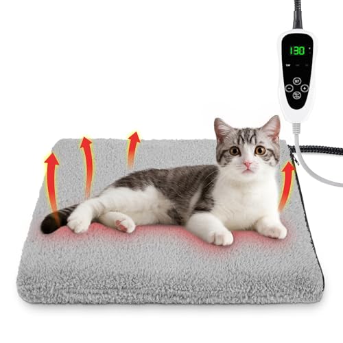 SHU UFANRO Heated Cat Bed, 11 Adjustable Temperature Pet Heating Pad Indoor for Dogs Cats Heating Mat with Timer, Auto Power Off, Electric Pet Heating Pad for Cat House (S(18' x 18'), Grey)