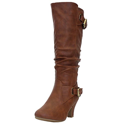 TOP Moda Womens Bag-55 Knee High Buckle Slouched Kitten Heel Boots, Tan 8.5