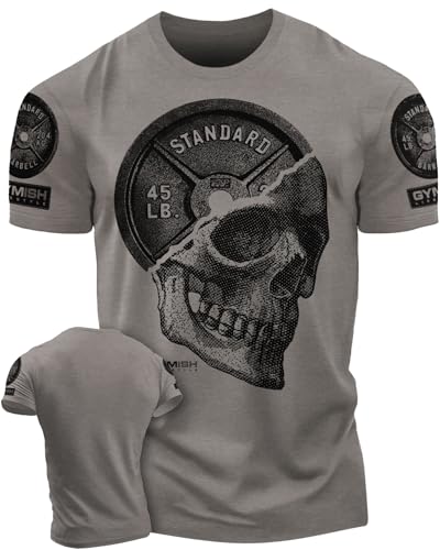Gymish Lifestyle Skull Plate Gym Shirt, Work Out Deadlift Skull T-Shirt for Men (XL, SkullPlate Warm Grey Branded)