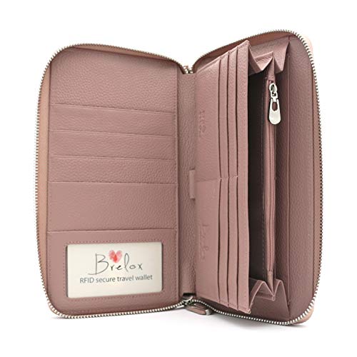 Brelox Travel Wallet Family Passport Holder - RFID Document Organizer for 4 5 6 passports - Genuine Leather - Blush Pink