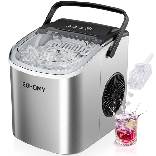 EUHOMY Countertop Ice Maker Machine with Handle, 26lbs in 24Hrs, 9 Ice Cubes Ready in 6 Mins, Auto-Cleaning Portable Ice Maker with Basket and Scoop, for Home/Kitchen/Camping/RV. (Silver)