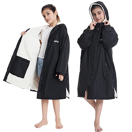 Hiturbo Warm Kids Swim Parka: Waterproof Changing Robe - Thick Fleece Lining - Oversize Swimming Coat - Hooded Surf Poncho (7-14Y, Black)