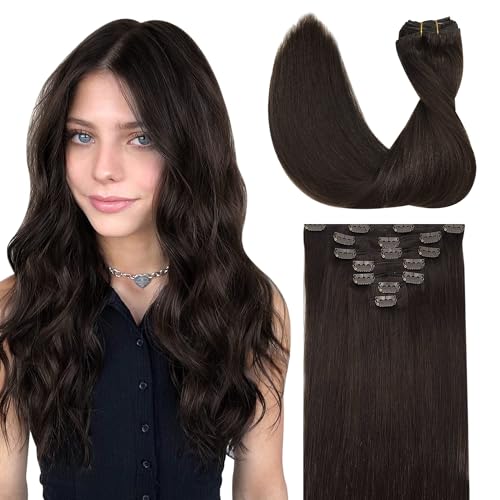 GOO GOO Clip in Hair Extensions Real Human Hair, 16inch 120g 7Pcs, 2 Dark Brown, Remy Human Hair Extensions Clip ins for Women, Natural Human Hair