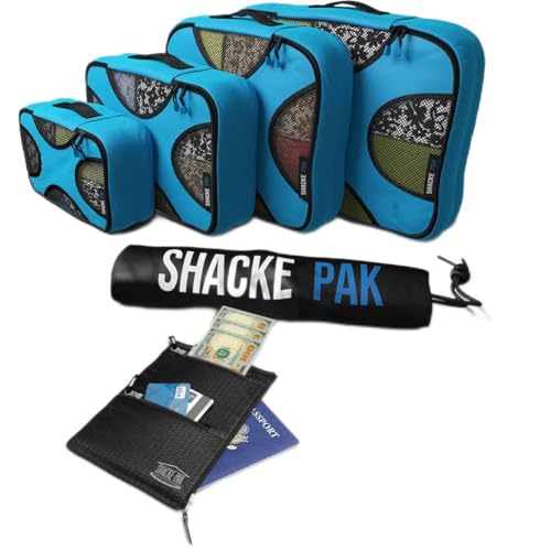 Shacke Pak - 5 Set Packing Cubes with Laundry Bag (Aqua Teal) & Hidden Travel Belt Wallet w/RFID Blocker (Black with Black Strap)