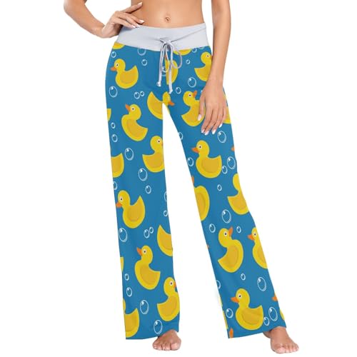 Women's Pajama Pants Yellow Bubbles Rubber Duck Blue Drawstring Wide Leg Jogger Pjs Yoga Bottoms L