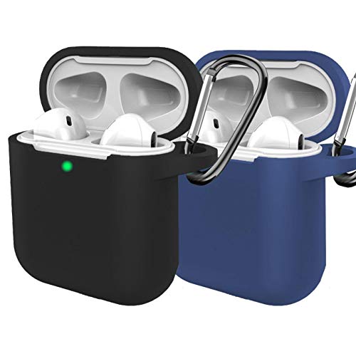 (2 Pack) Silicon Case Compatible AirPods 2&1 Case Cover, [Front LED Visible] with Anti-Lost Carabiner Compatible for Airpods Earbuds Wireless Charging Case for Apple AirPods 2 & 1 (Black+Dark Blue)