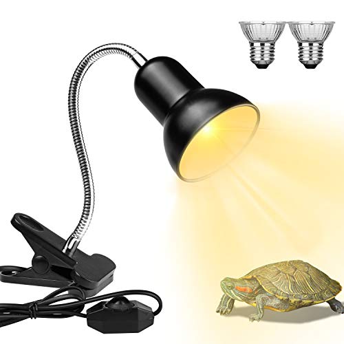 Reptile Heat Lamps, Turtle Lamp UVA/UVB Turtle Aquarium Tank Heating Lamps with Clamp, 360°Rotatable Basking Lamp for Reptiles Lizard Turtle Snake with 2 Heat Bulbs (Heat Lamp 25w/50w Bulb&E27,110V)