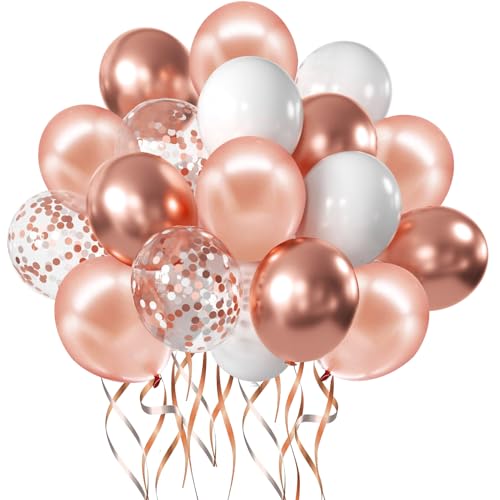 Zesliwy Rose Gold Confetti Balloons, 50 Pack 12 inch White and Rose Gold Latex Balloons with 33 Feet Rose Gold Ribbon for Birthday Party Wedding Graduation Bridal Shower Decorations.…