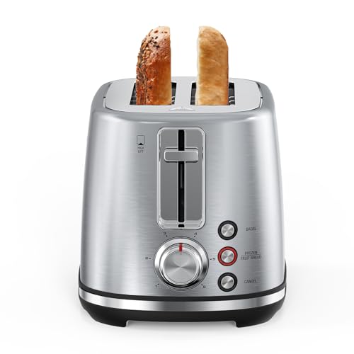 Longdeem 2-Slice Toaster, Wide Slots, Auto Shut-Off, 6 Shade Dial. Perfect for Fruit Bread, Bagels, Waffles, Frozen Options, Easy-Clean Crumb Tray, Silver